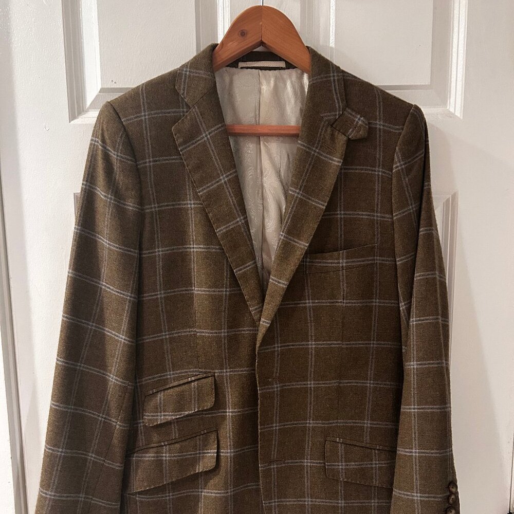 Bespoke Astor & Black Sport Coat in Tan Check Flannel, Approx. 38R
